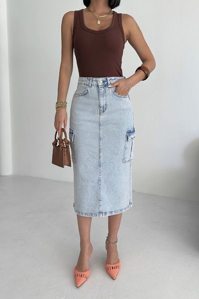 RICHMOST Cargo Pocket and Regular Waist Mid Length Jeans Women's Skirt Light Blue Denim