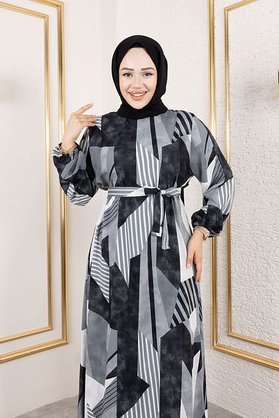 Tesettür Dünyası Geometric Patterned Waist Belted Viscose Dress Tsd250213 Gray