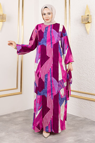 Tesettür Dünyası Μακρύ μονόχρωμο φόρεμα με γεωμετρικό σχέδιο με ζώνη μέσης από βισκόζη TSD250213 φούξια