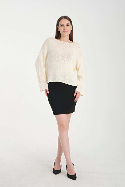 İLKCET MODA Γυναικείο πουλόβερ εκτός ώμου Ecru Oversize