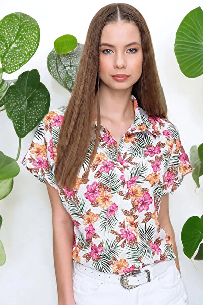 STİLVİA Women's Multi-Colored Classic Collar Short Sleeve Floral Patterned Mu...