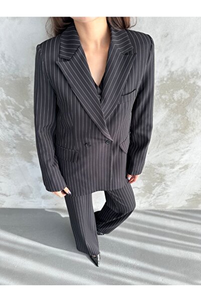 Moda İkra Jacket Vest Palazzo Pants Striped 3-Piece Suit