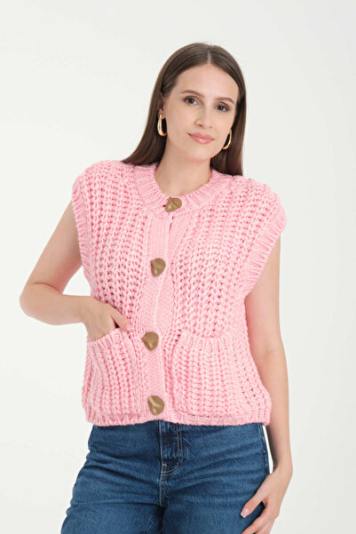 İLKCET MODA Crew Neck Soft Textured Pocket Buttoned Knitwear Vest
