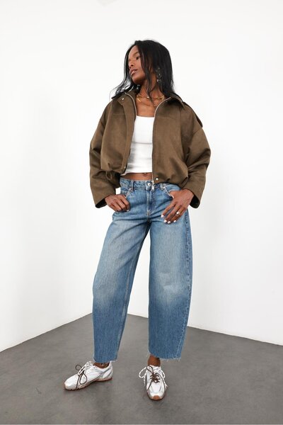 5in1Canpolat Khaki Suede Effect Bomber Jacket