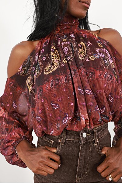 5in1Canpolat Burgundy Lined Shoulder Detailed Blouse 71762