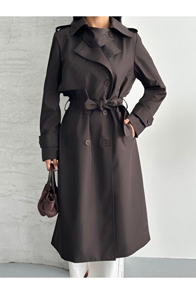 FERZOLAİO Kruvaze Yaka Acı Kahve Trençkot