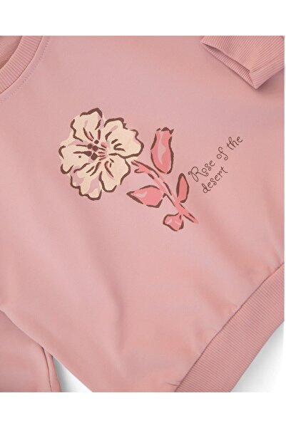 Ege Bebek Girl's Rose Printed Sleeve Ruffle Detail, Seasonal Stylish Suit with Rose Printed Ribbed Leggings for Ages 2-6