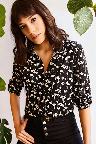 STİLVİA قميص نسائي أسود منقوش بالزهور وياقة كلاسيكية وأكمام طويلة وقصة مستقيمة