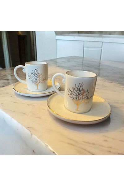 WPAWZ 4 Piece 2 Person Gold Tree of Life Porcelain Coffee Cup Set