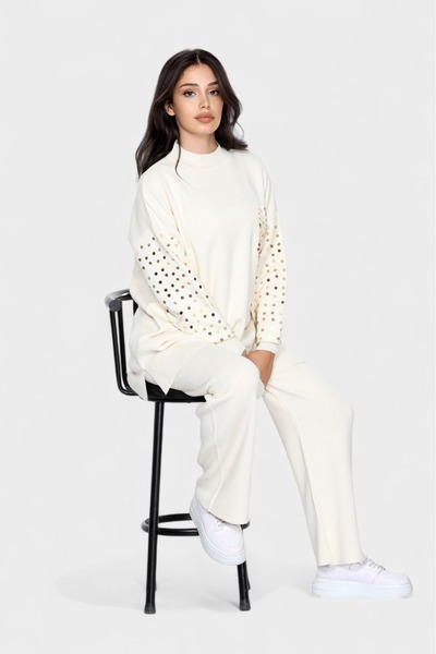 NEWCO Sequin Embroidered Knitwear Set Long Sleeve Loose Top and Wide Leg Pants Set of Two