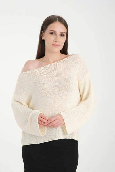 İLKCET MODA Off Shoulder Ecru Oversize Women's Sweater