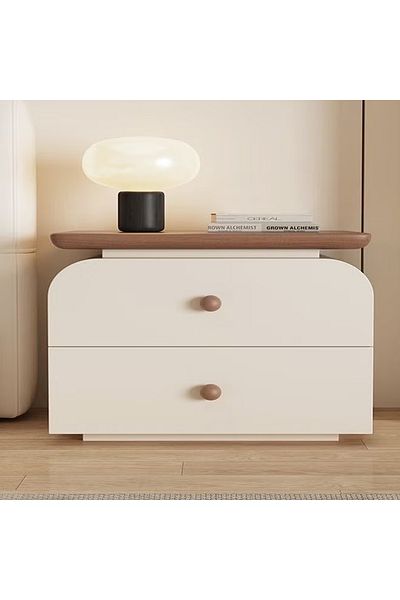 Raffine Multipurpose Use Modern Round Edge Design Minimalist Design Solid Wood Bedside Table with Leather