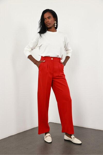 5in1Canpolat Kırmızı Gold Düğmeli Palazzo Pantolon 4386