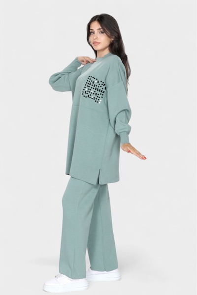 NEWCO Sequin Embroidered Knitwear Set Long Sleeve Loose Top and Wide Leg Pants Set of Two
