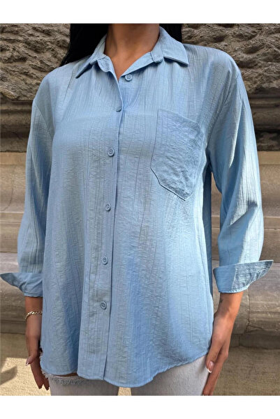 STİLVİA Baby Blue 100% Cotton Wrinkled Oversize Shirt