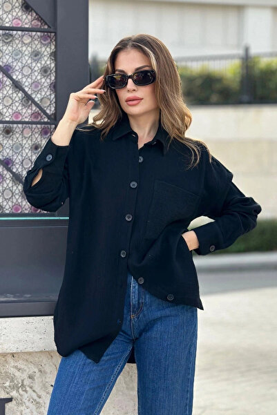 STİLVİA قميص نسائي من قماش الموسلين الأسود المستورد، طويل و فضفاض مع جيوب