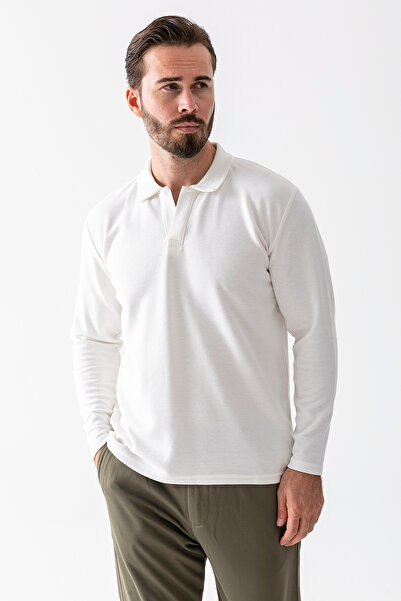 JB John Borners Ανδρικό φούτερ με γιακά πόλο με υφή βαμβακερό λευκό - 25K 1099