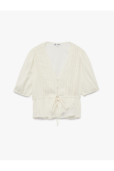 Koton V-Neck Short Balloon Sleeve Embroidered Tie-Up Detailed Blouse