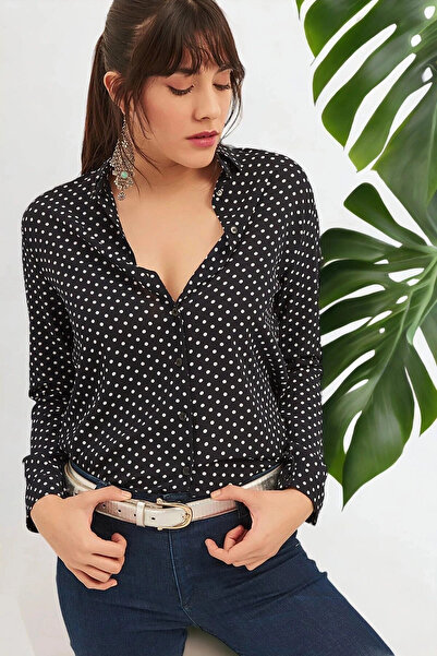 STİLVİA Women's Navy Blue Polka Dot Long Sleeve Shirt, Regular Fit, Standard ...