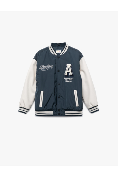 Koton College Jacket with Snap Closure Pockets and Applique Detail