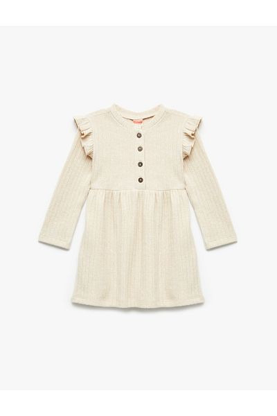Koton Button down Long Sleeve Crew Neck Dress with Ruffle Detail