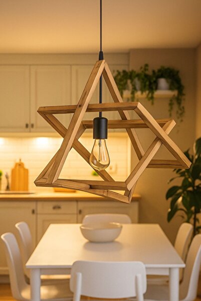 Forest Ahşap Avize, Şık Dekorasyon Beşgen Salon Mutfak Avizesi