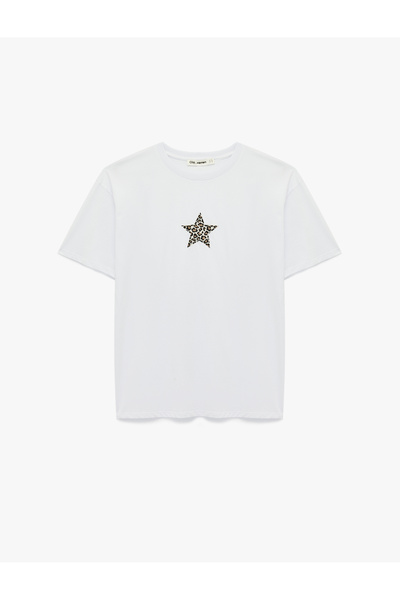 Koton Памучна тениска с къс ръкав, обло деколте и принт с леопардови звезди