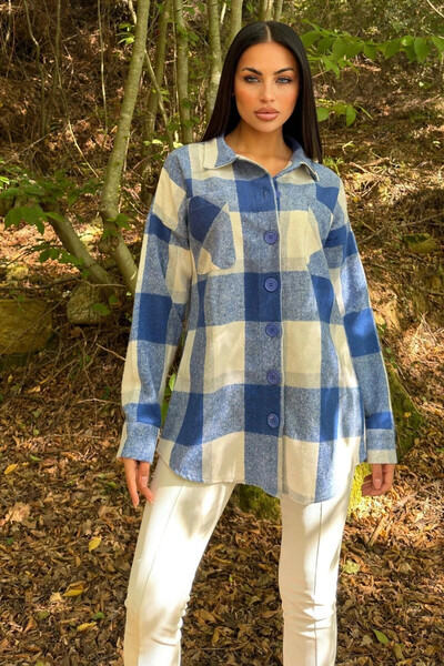 STİLVİA قميص Saks مزدوج الجيوب، نمط منقوش، قميص مريح، قميص فضفاض