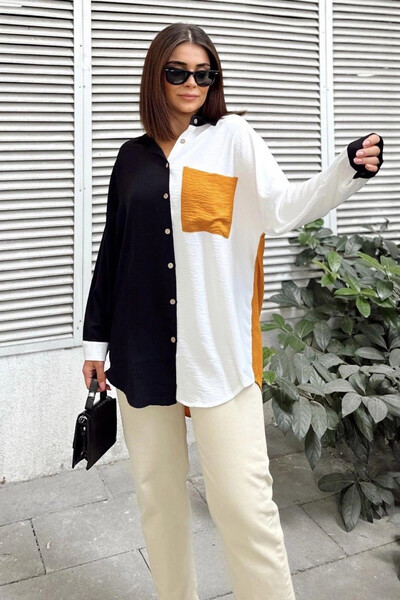 STİLVİA قميص نسائي أسود وأصفر بأكمام طويلة ومفصل بألوان متعددة وجيب طويل