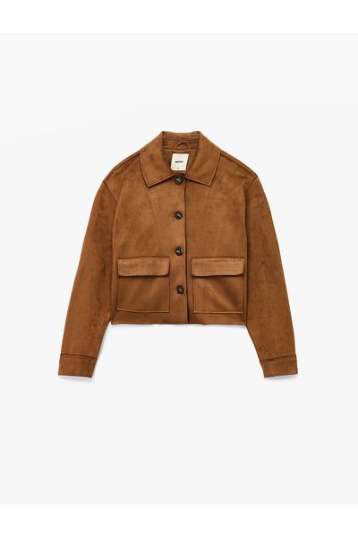 Koton Classic Shirt Collar Button Pocket Long Sleeve Crop Faux Suede Jacket