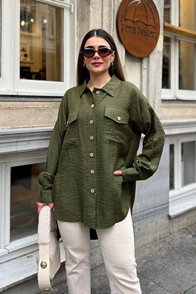 STİLVİA قميص نسائي كاكي بأكمام بالون، مطوي، مشقوق، كبير الحجم، من الكتان