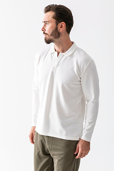 JB John Borners Ανδρικό φούτερ με γιακά πόλο με υφή βαμβακερό λευκό - 25K 1099