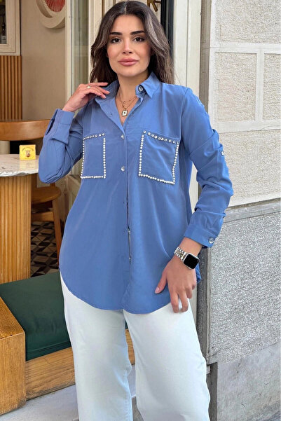 STİLVİA قميص نسائي مزين باللؤلؤ الأزرق، جيب مزدوج، مطوي من الخلف، مضاد للتعرق...