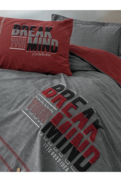 Cotton Box Mood Embroidered Ranforce Single Duvet Cover Set Fracto Claret Red