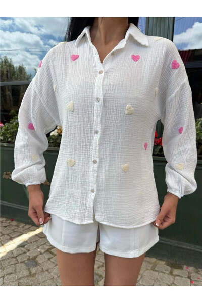 STİLVİA White Heart Embroidered Muslin Elastane Shirt