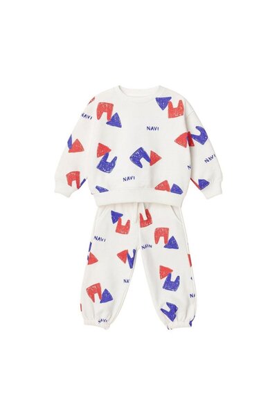 Magu Unisex Kids Cotton White Color Patterned Sweatshirt and Sweatpants Set – Red Blue Navi Printed