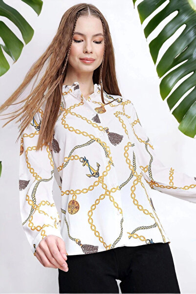 STİLVİA Women's Beige Chain Patterned Long Sleeve Shirt - Regular Fit, Standa...