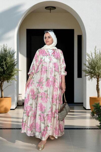 Aselim Hijap Moda Cotton Patterned Summer Robe Dress Floral Pink-Beige Grape
