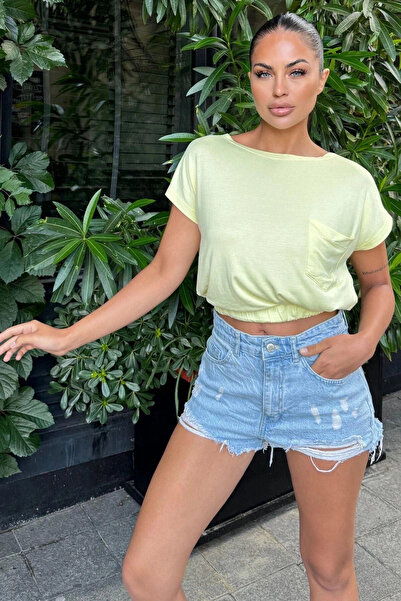 STİLVİA Γυναικεία κίτρινη μπλούζα με μισό μανίκι, φαρδύ λαιμόκοψη, μία τσέπη, ελαστική μέση, άνετη μπλούζα