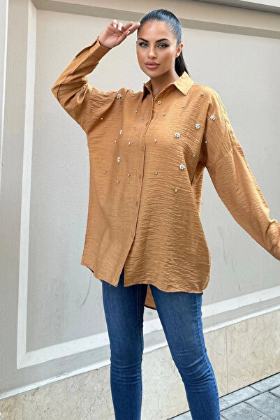 STİLVİA قميص كلاسيكي من الكتان باللون البني الحجري