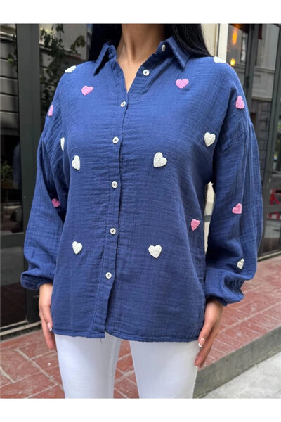 STİLVİA Laci Viscose Heart Embroidered Stretchy Shirt