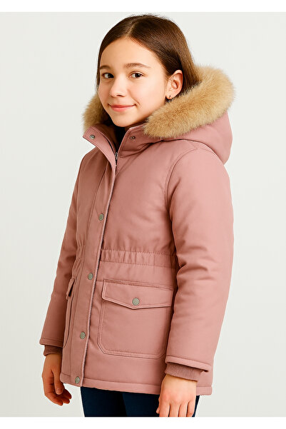 PIQUE Çocuk Mont Beli Lastikli Astarı Kürklü Kapüşonlu Uzun Çocuk Mont