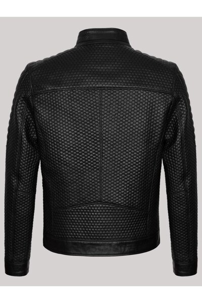 DeriWork Genuine Lambskin Black Men's Leather Coat Honeycomb Pattern Leather Jacket