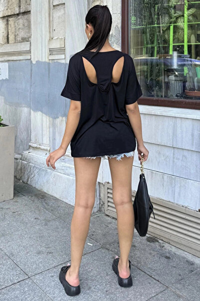 Genel Markalar Kadın Siyah Geniş Yaka, Kısa Kollu, Sırtı Dekolteli, Dökümlü K...