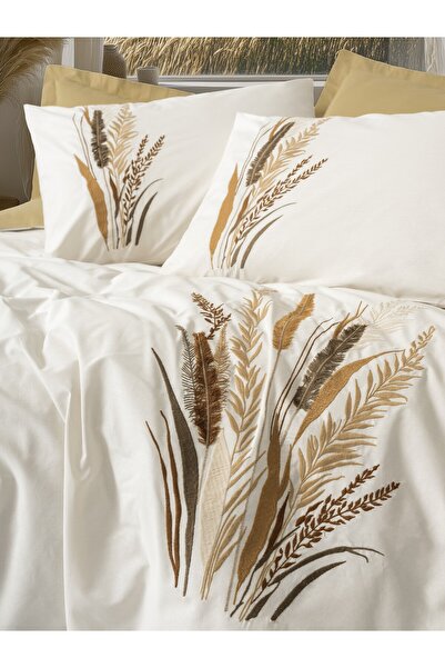 Cotton Box Embroidered Ranforce Double Duvet Cover Set Alvora Mustard
