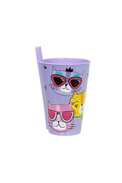 Dalip Baby Plastic Cup with Non-Detachable Straw, 400ml, Cat Design, Multicolor