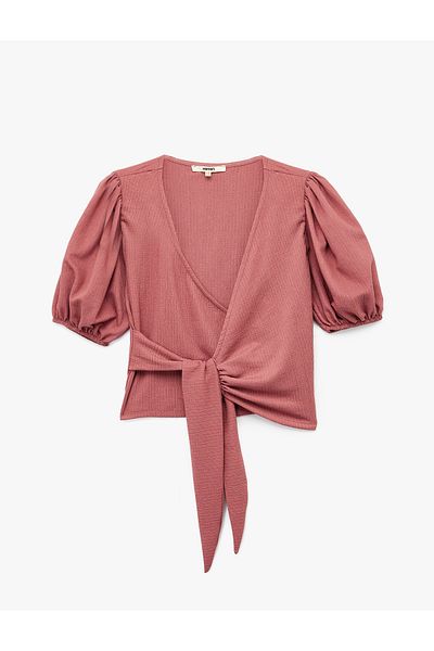 Koton Wrapped Fabric Front Tie Detail Short Balloon Sleeve Double Breasted T-Shirt