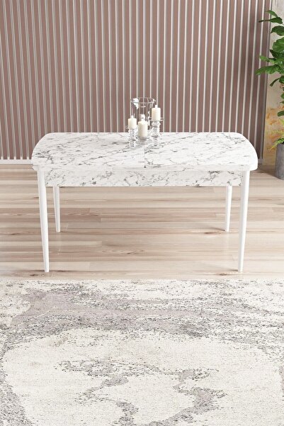 SHOOVVEL Lamina Beyaz Mermer MDF 80X132 Ahşap Ayaklı Açılır Mutfak Masası, Ye...