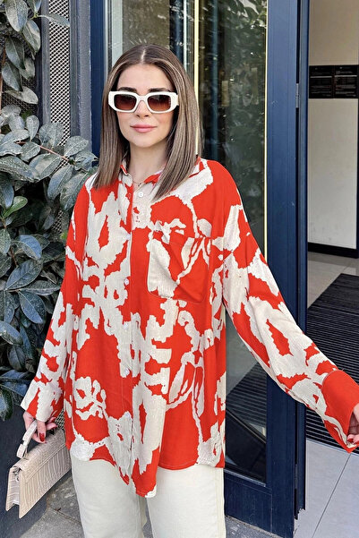 STİLVİA Women's Red Long Sleeve, Back Pleated, Loose Flowing, Viscose Shirt