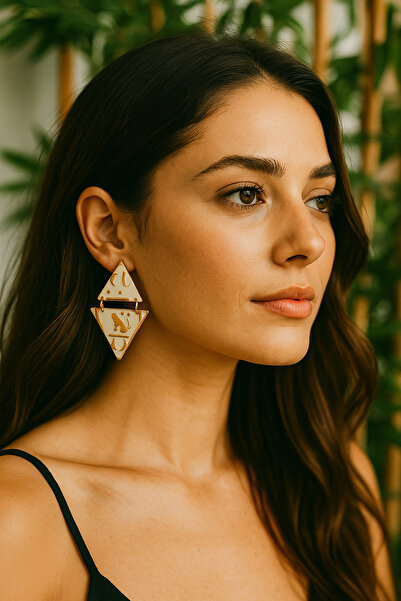 Atölye Myth Golden Hieroglyphs Handmade White Geometric Earrings